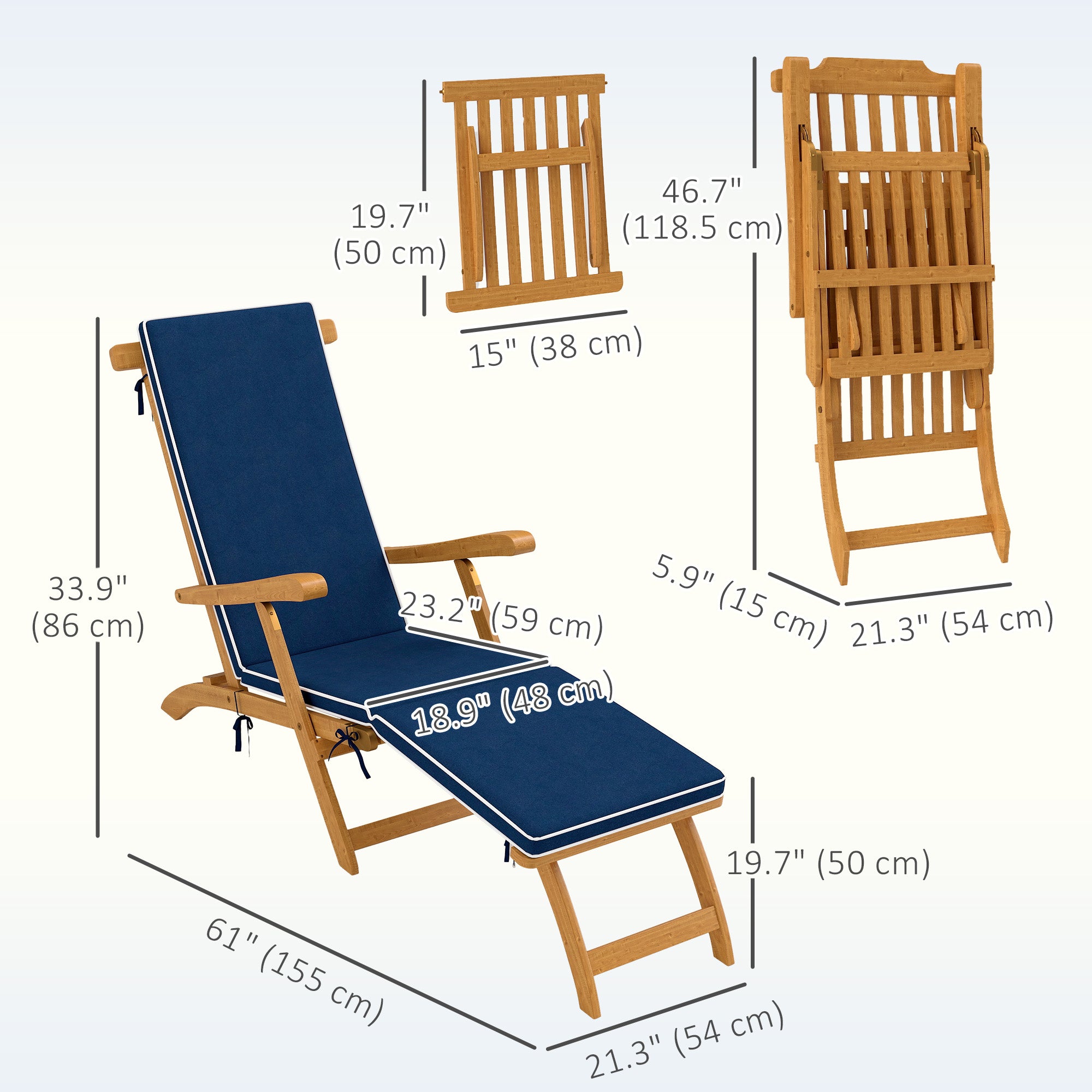 Folding Patio Lounge Chair, Navy Blue Acacia Wood Recliner with Footrest-DECOROLALA
