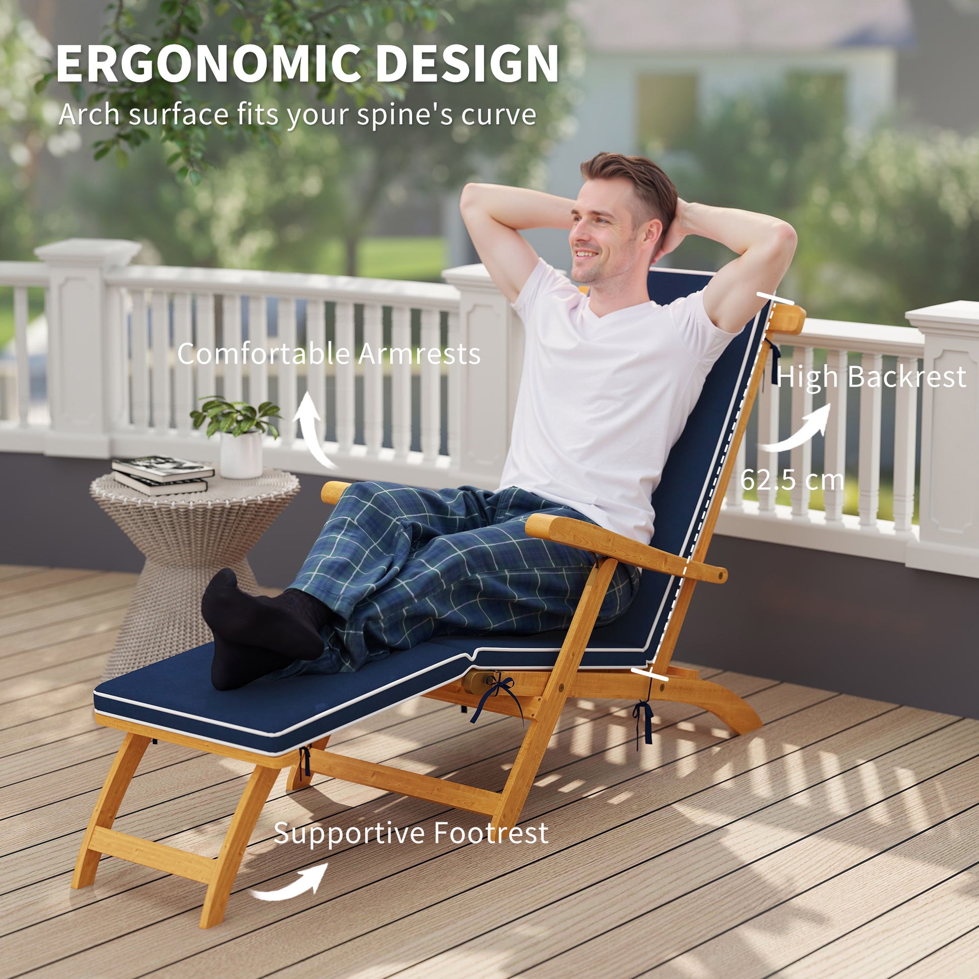 Folding Patio Lounge Chair, Navy Blue Acacia Wood Recliner with Footrest-DECOROLALA