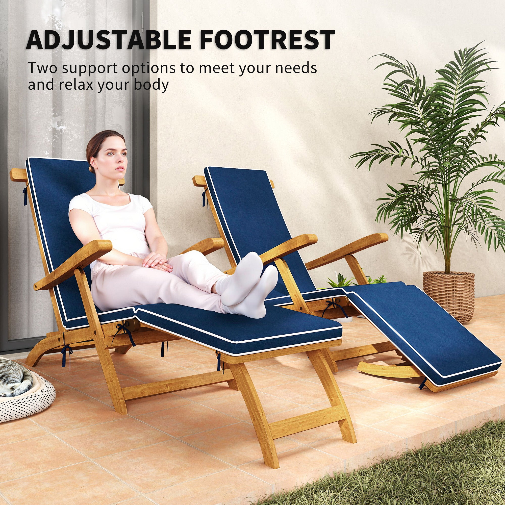 Folding Patio Lounge Chair, Navy Blue Acacia Wood Recliner with Footrest-DECOROLALA