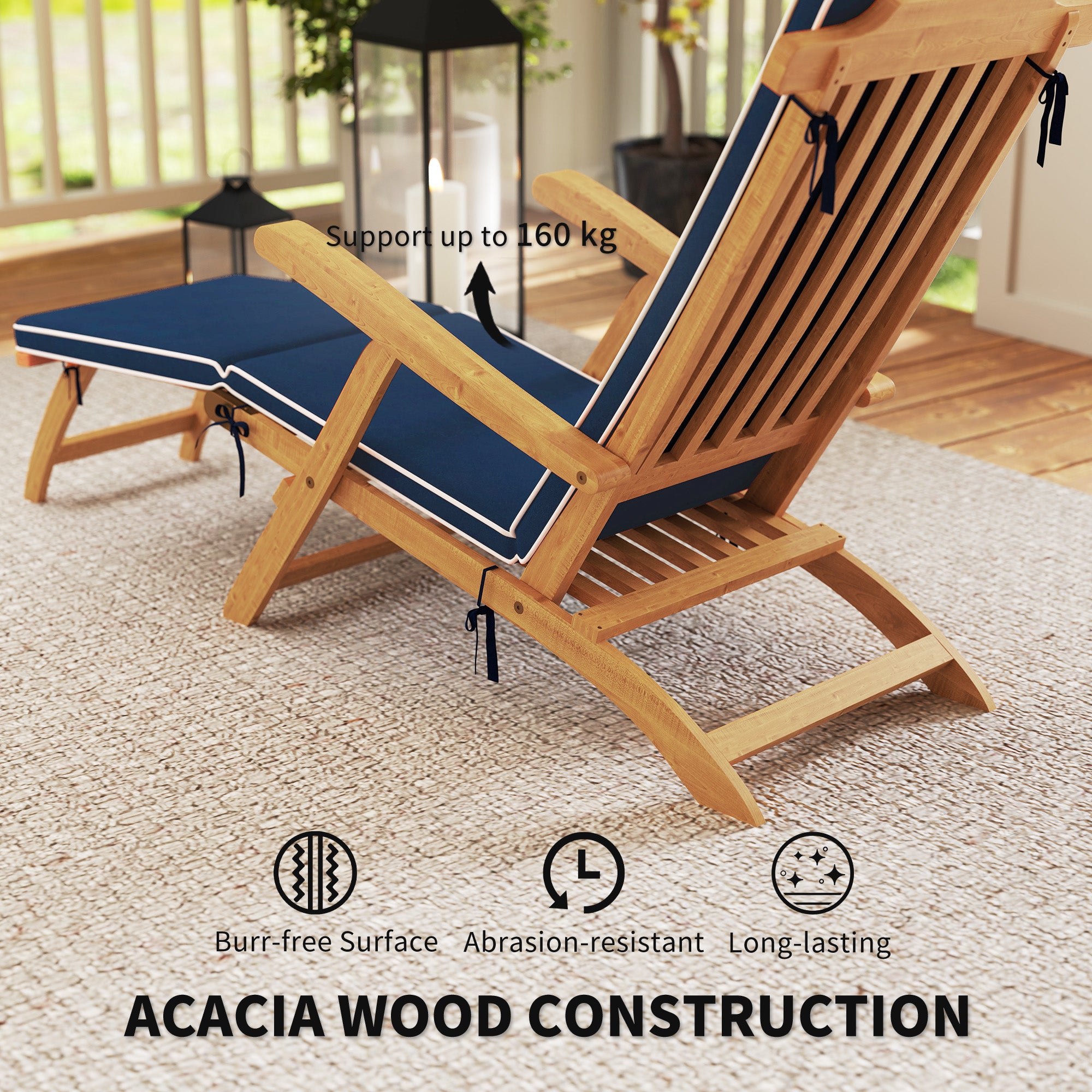 Folding Patio Lounge Chair, Navy Blue Acacia Wood Recliner with Footrest-DECOROLALA