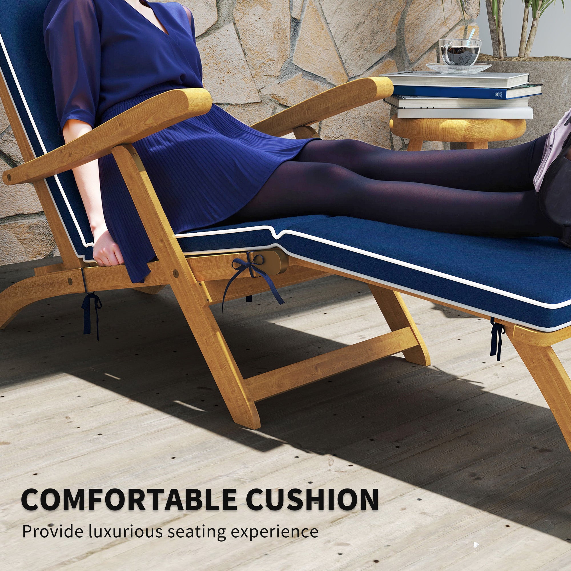 Folding Patio Lounge Chair, Navy Blue Acacia Wood Recliner with Footrest-DECOROLALA