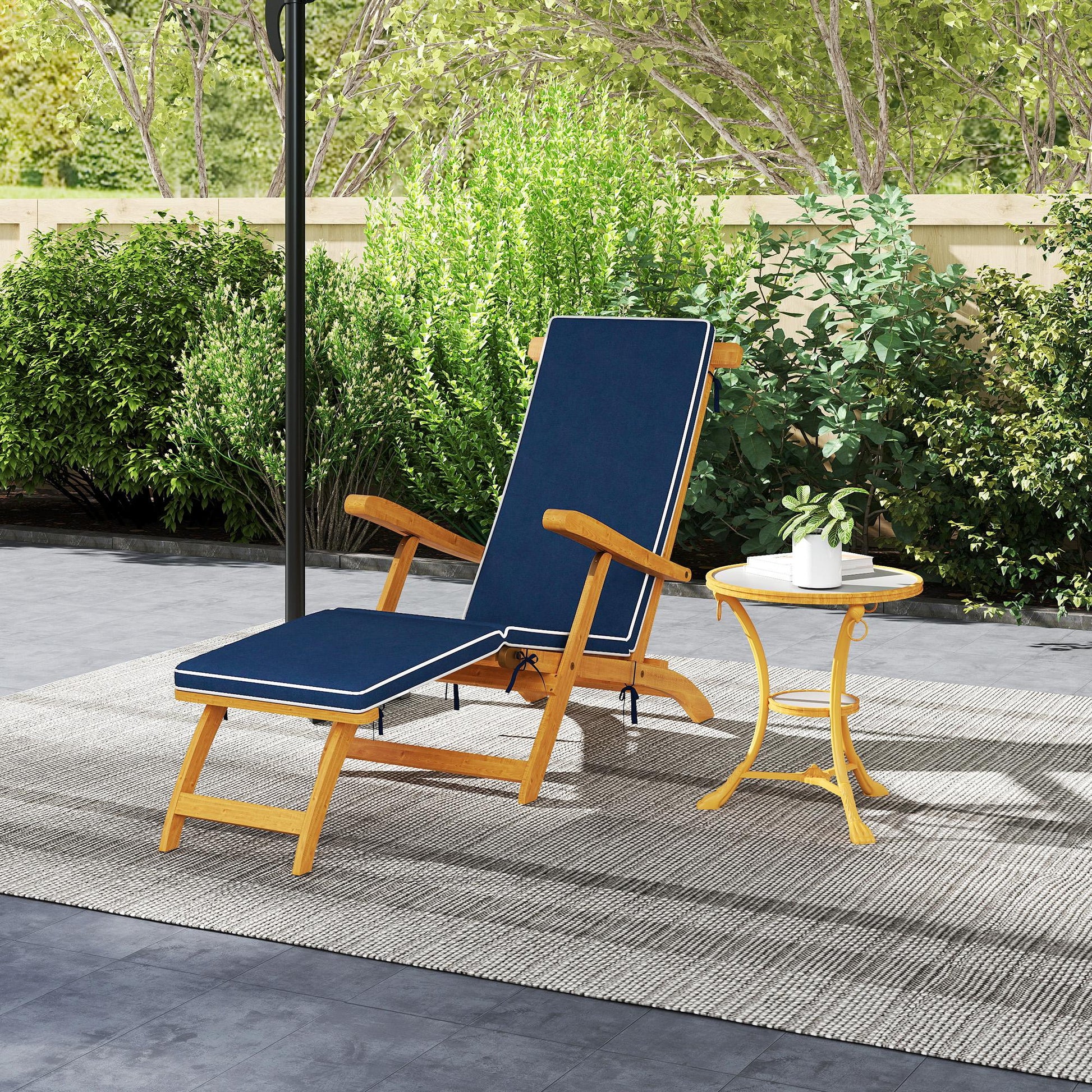 Folding Patio Lounge Chair, Navy Blue Acacia Wood Recliner with Footrest-DECOROLALA