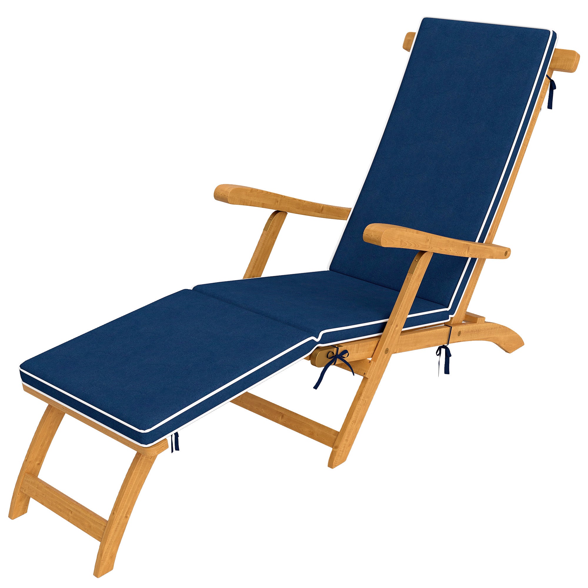 Folding Patio Lounge Chair, Navy Blue Acacia Wood Recliner with Footrest-DECOROLALA