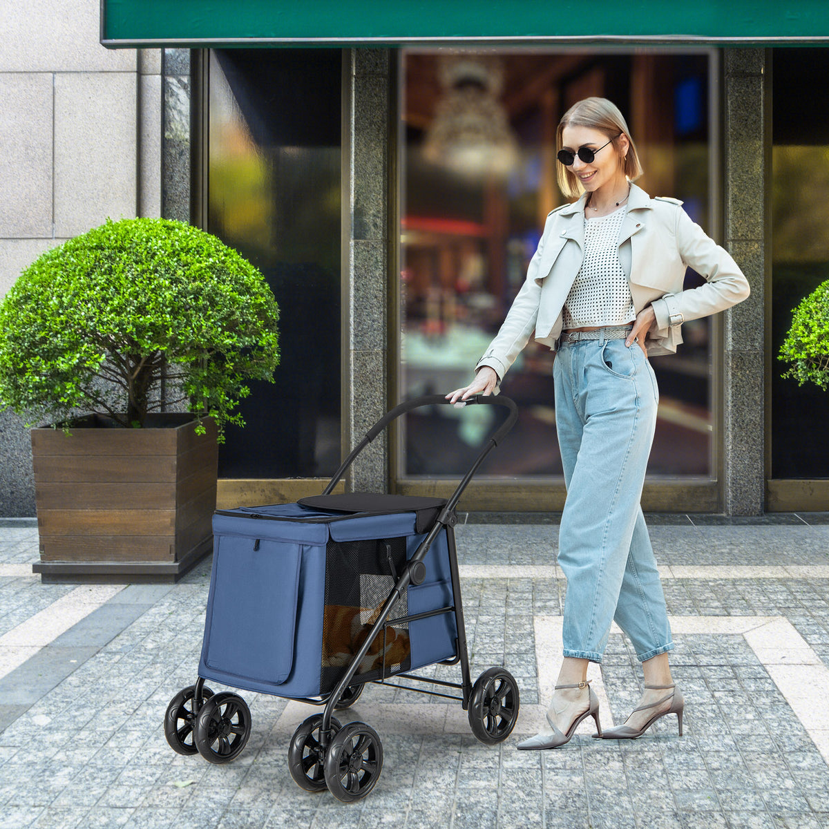 Folding Pet Stroller for Small and Medium Pets with Breathable Mesh andx One-Button Foldable-Gray-Dog Supplies-DECOROLALA