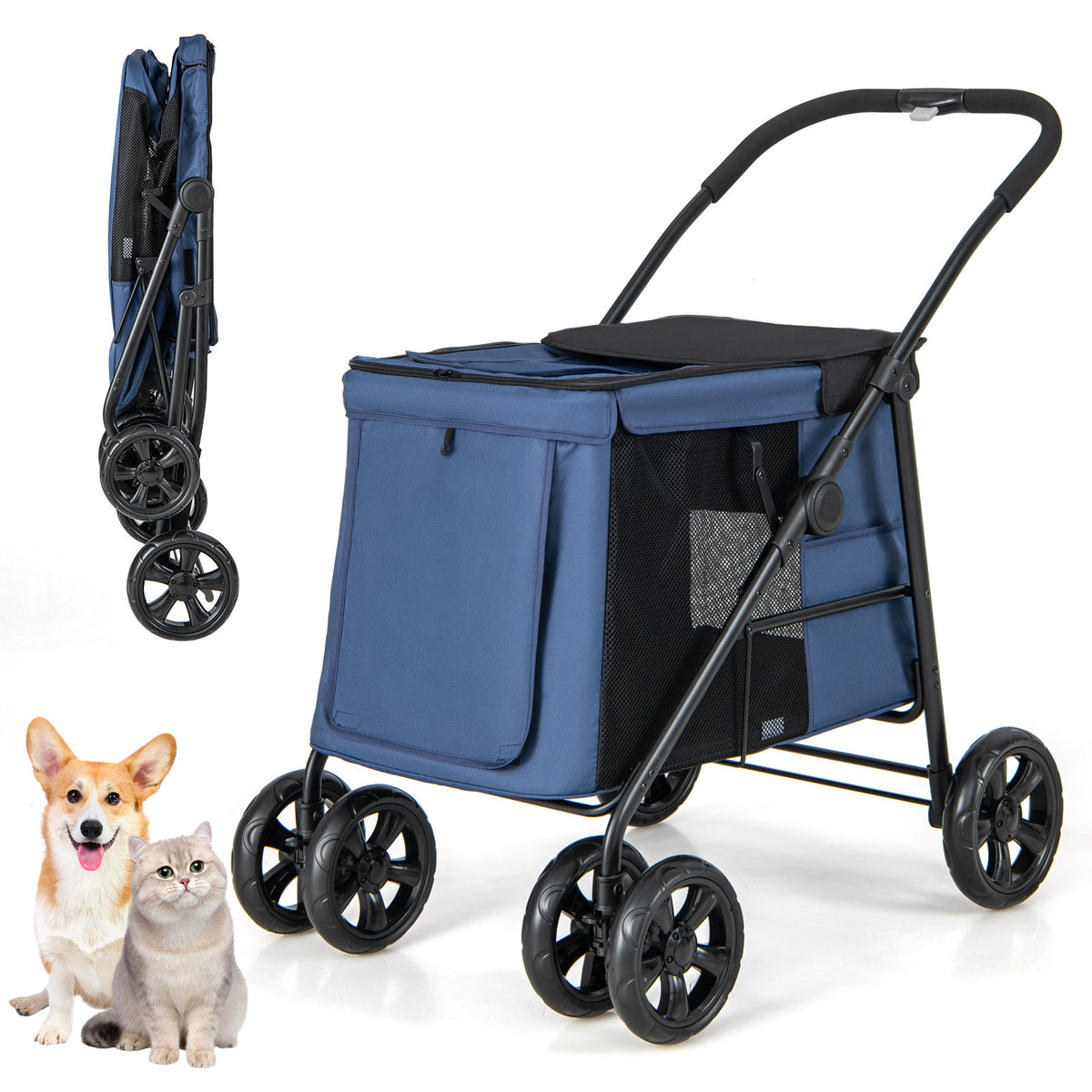 Folding Pet Stroller for Small and Medium Pets with Breathable Mesh andx One-Button Foldable-Gray-Dog Supplies-DECOROLALA