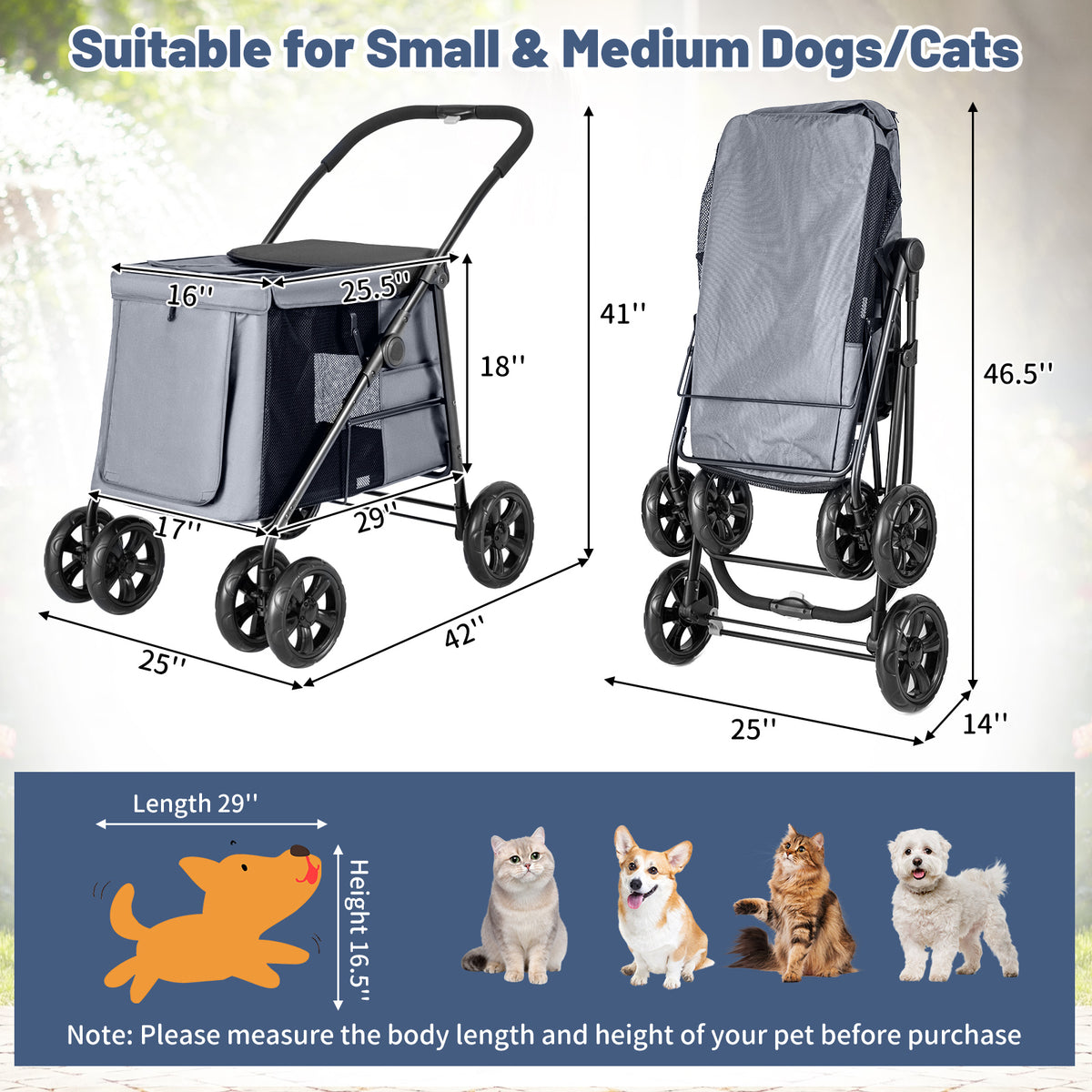 Folding Pet Stroller for Small and Medium Pets with Breathable Mesh andx One-Button Foldable-Gray-Dog Supplies-DECOROLALA
