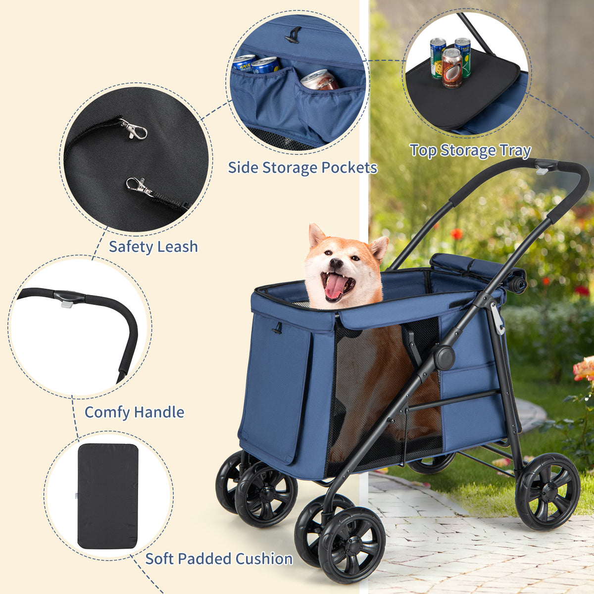 Folding Pet Stroller for Small and Medium Pets with Breathable Mesh andx One-Button Foldable-Gray-Dog Supplies-DECOROLALA