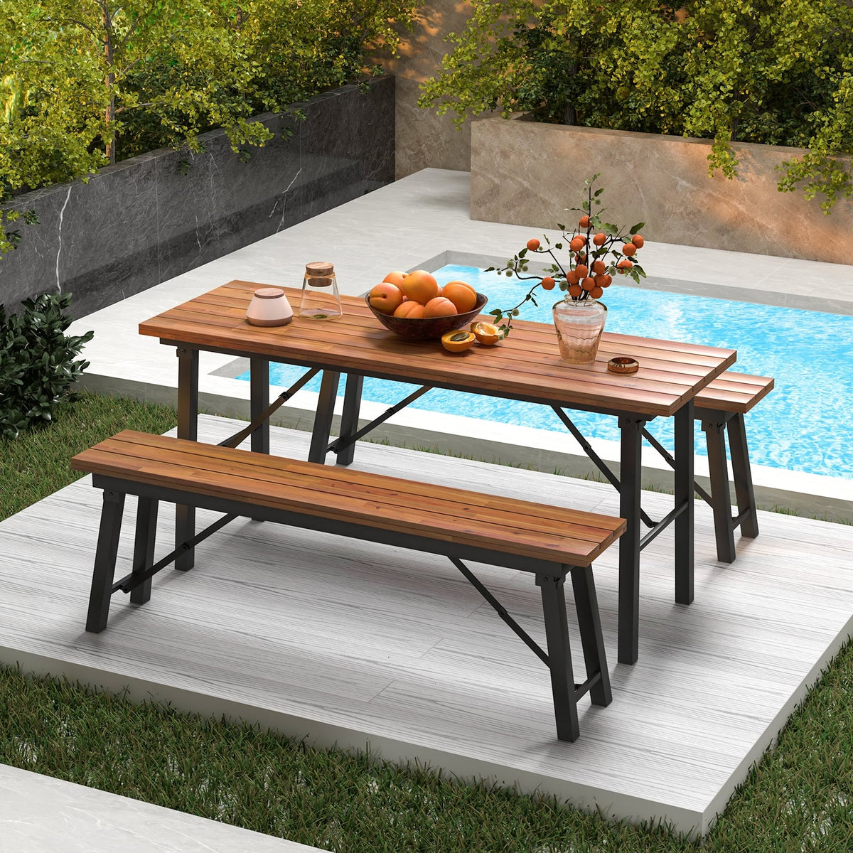 Folding Picnic Bench Set Rectangular Acacia Wood Dining Camping BBQ Benches-Outdoor Benches-DECOROLALA