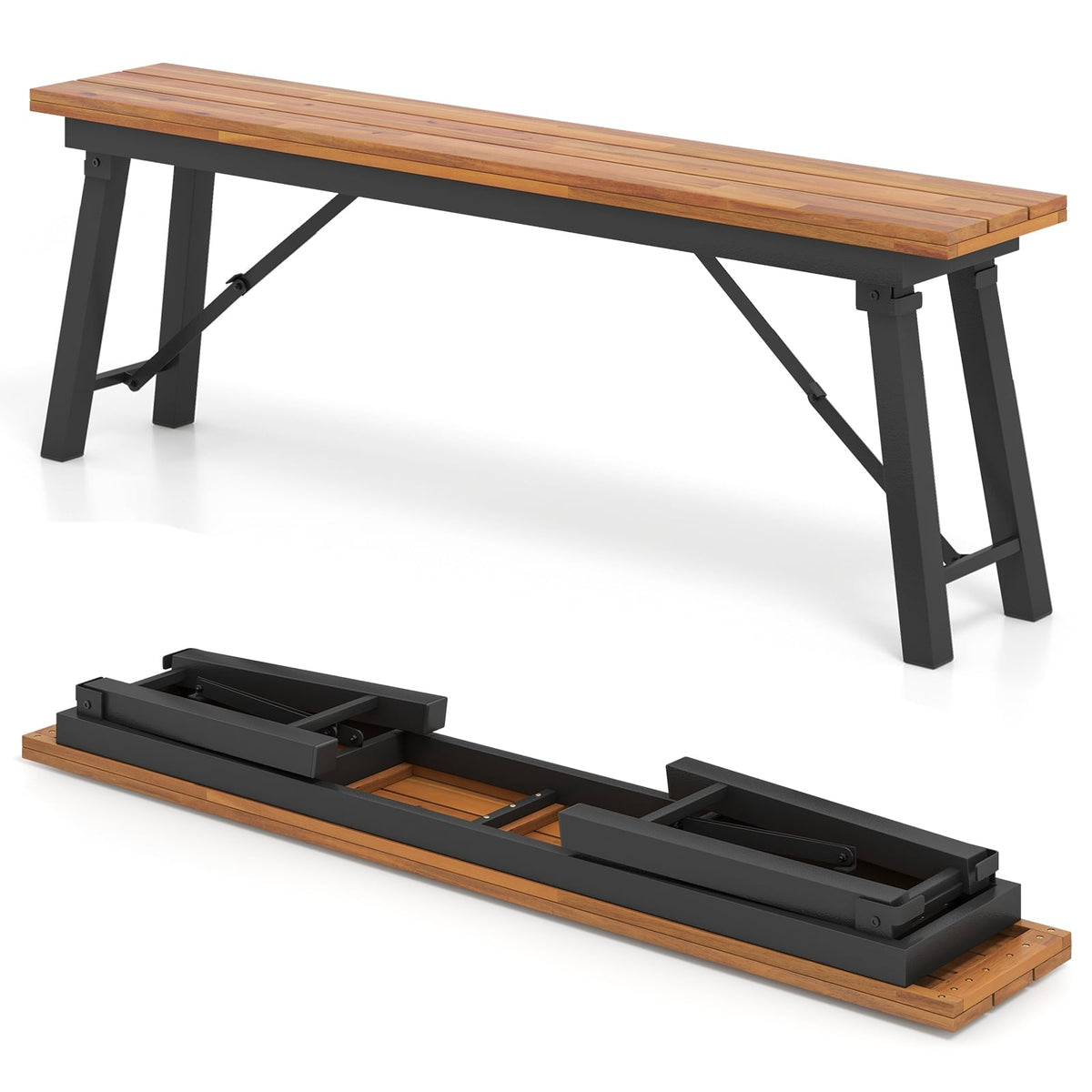 Folding Picnic Bench Set Rectangular Acacia Wood Dining Camping BBQ Benches-Outdoor Benches-DECOROLALA