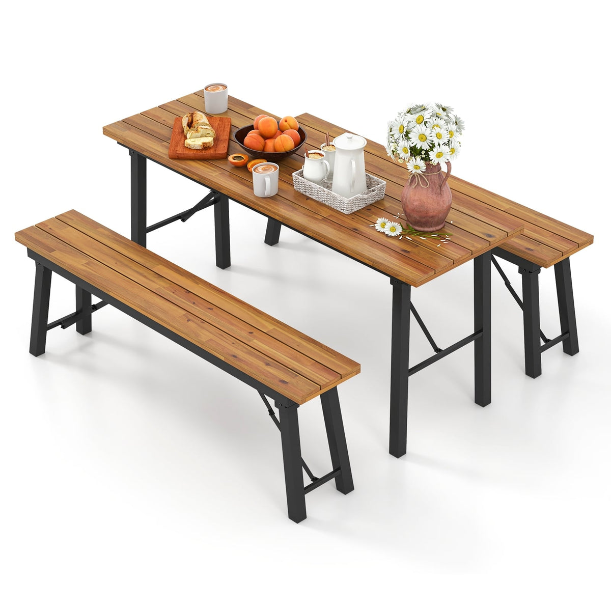 Folding Picnic Bench Set Rectangular Acacia Wood Dining Camping BBQ Benches-Outdoor Benches-DECOROLALA