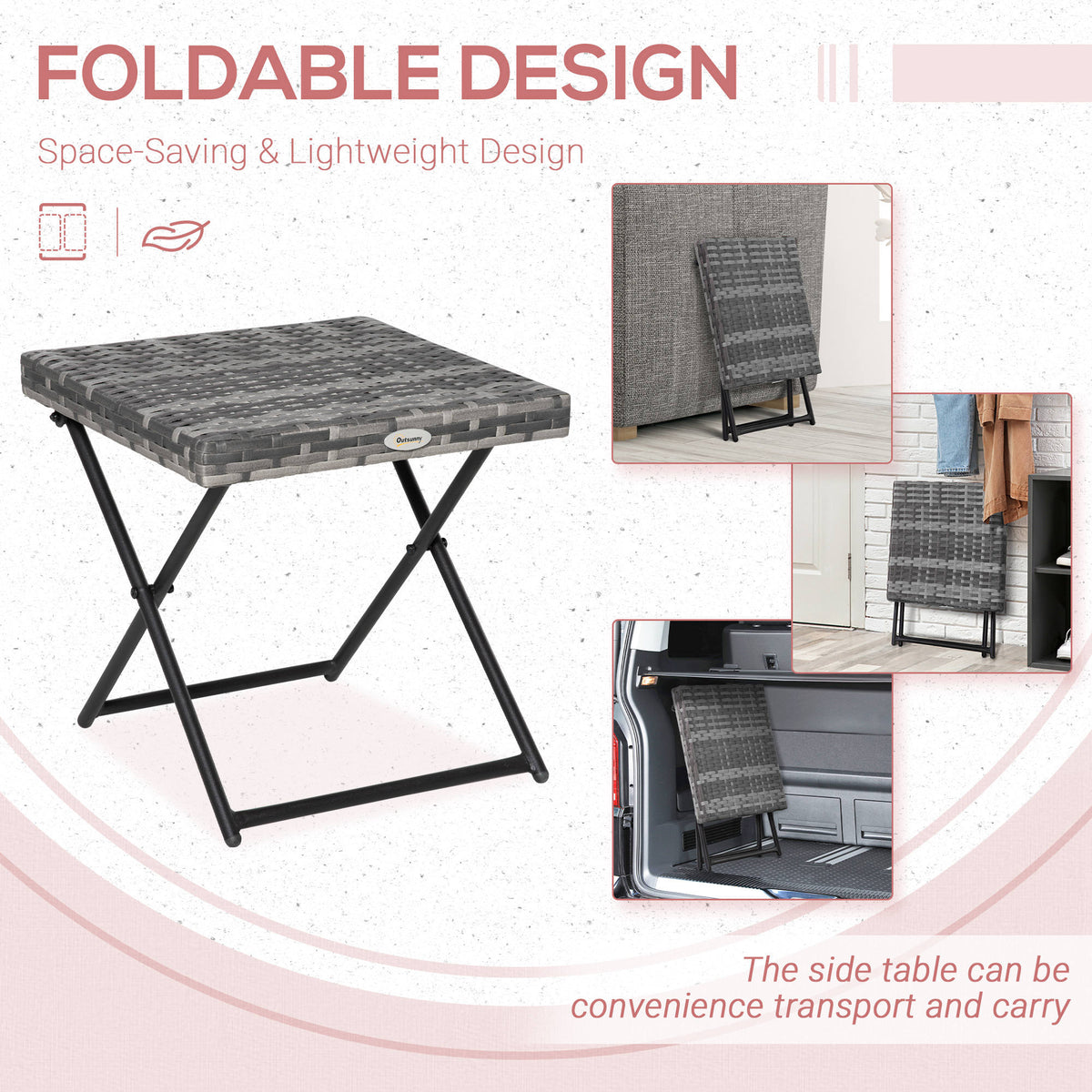 Folding Rattan Side Table - Grey 16" Outdoor Wicker Table-Patio & Garden > Patio Furniture > Patio Side Tables-DECOROLALA