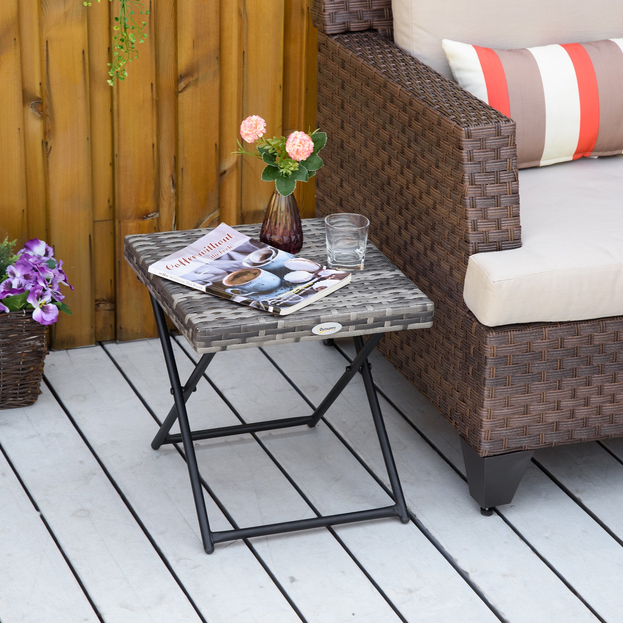 Folding Rattan Side Table - Grey 16" Outdoor Wicker Table-Patio & Garden > Patio Furniture > Patio Side Tables-DECOROLALA