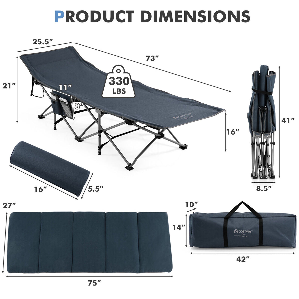 Folding Retractable Travel Camping Cot with Mattress and Carry Bag-Blue-Camping Furniture-DECOROLALA