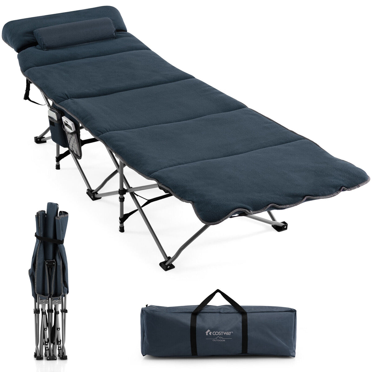 Folding Retractable Travel Camping Cot with Mattress and Carry Bag-Blue-Camping Furniture-DECOROLALA