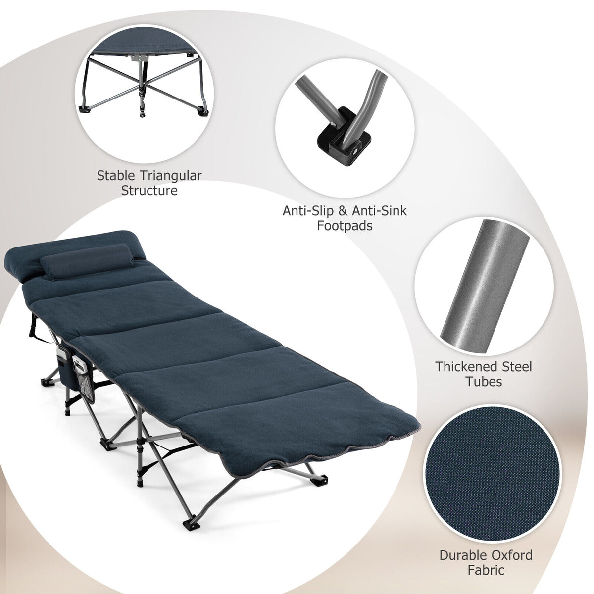 Folding Retractable Travel Camping Cot with Mattress and Carry Bag-Blue-Camping Furniture-DECOROLALA