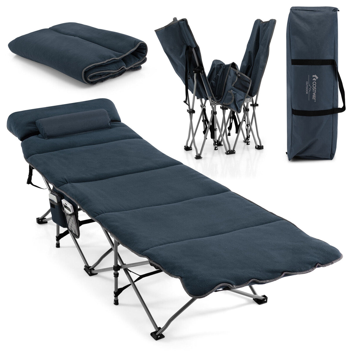 Folding Retractable Travel Camping Cot with Mattress and Carry Bag-Blue-Camping Furniture-DECOROLALA