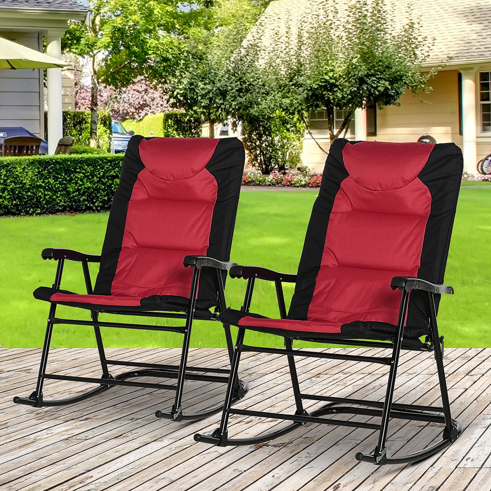 Folding Rocking Chairs Set of 2 - Red & Black, Padded with Armrests-DECOROLALA