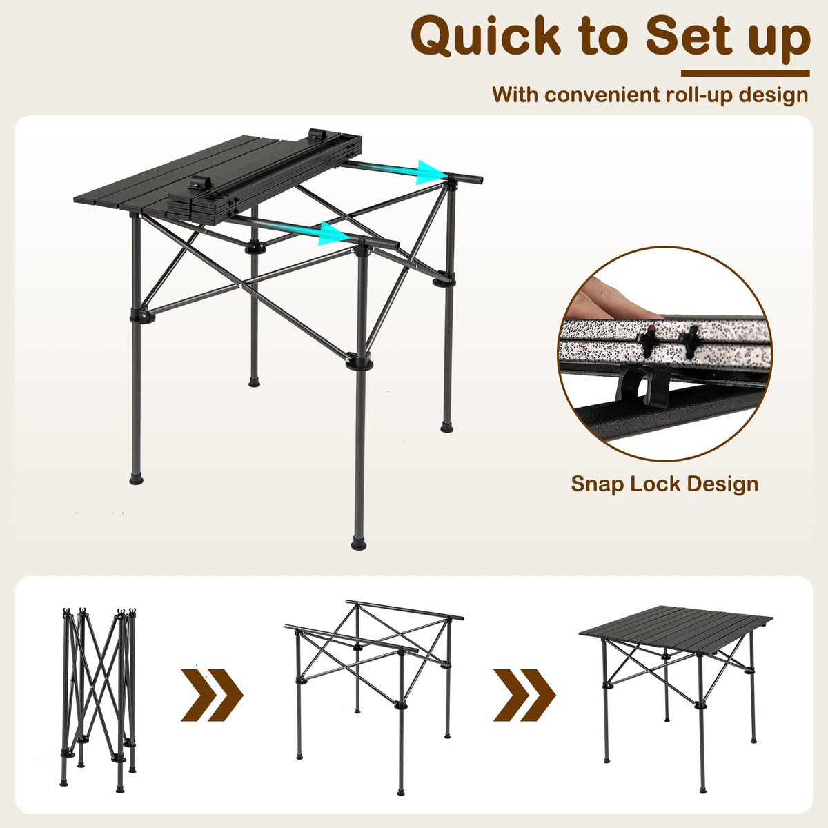 Folding Roll-up Camping Table with Metal Legs-Black-Camping Furniture-DECOROLALA