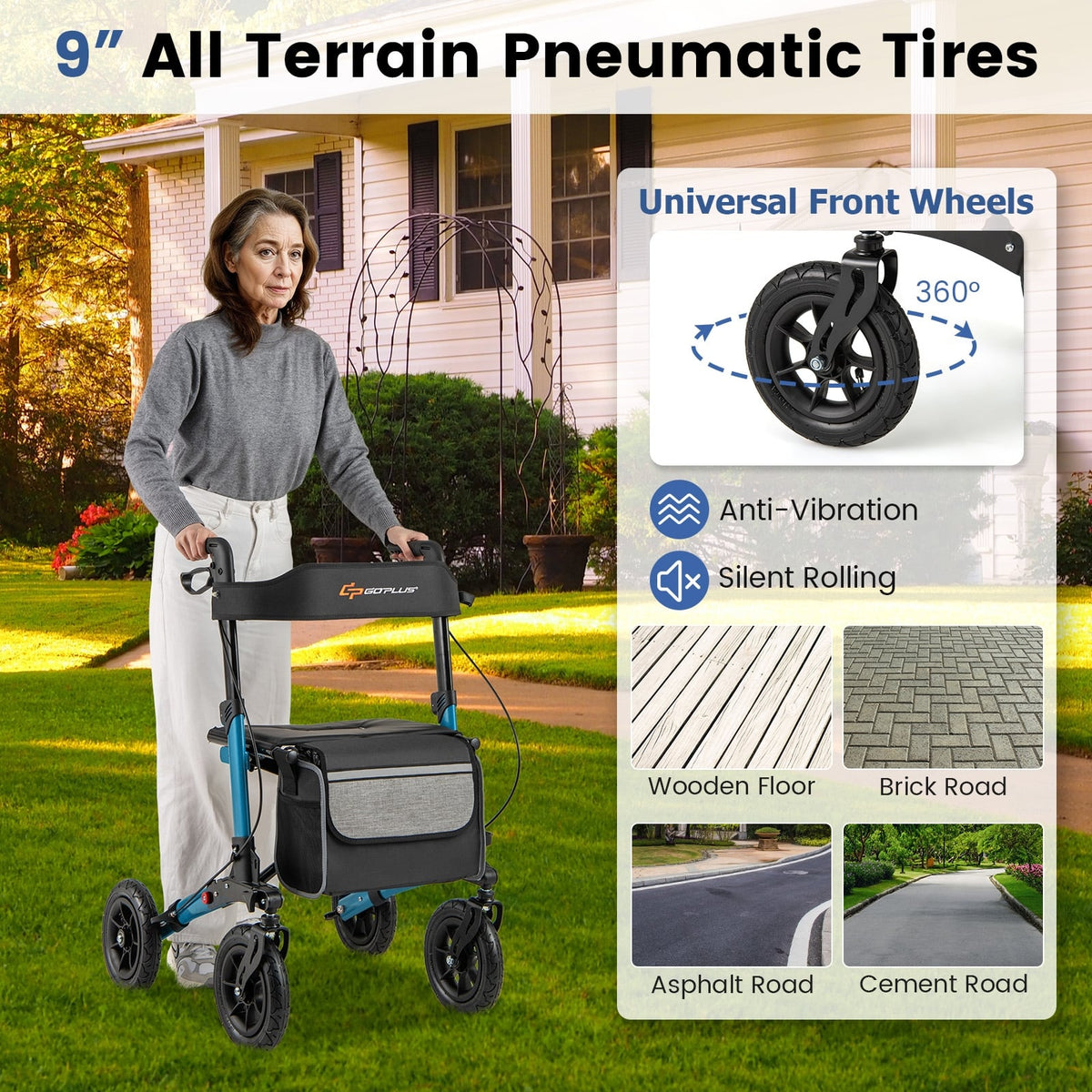 Folding Rollator Walker for Seniors with Seat for All Terrain-Navy-Walkers & Rollators-DECOROLALA