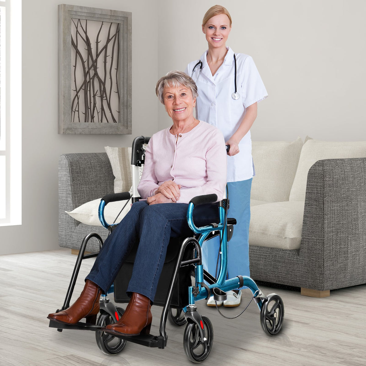 Folding Rollator Walker with 8-inch Wheels and Seat-Navy-Walkers & Rollators-DECOROLALA