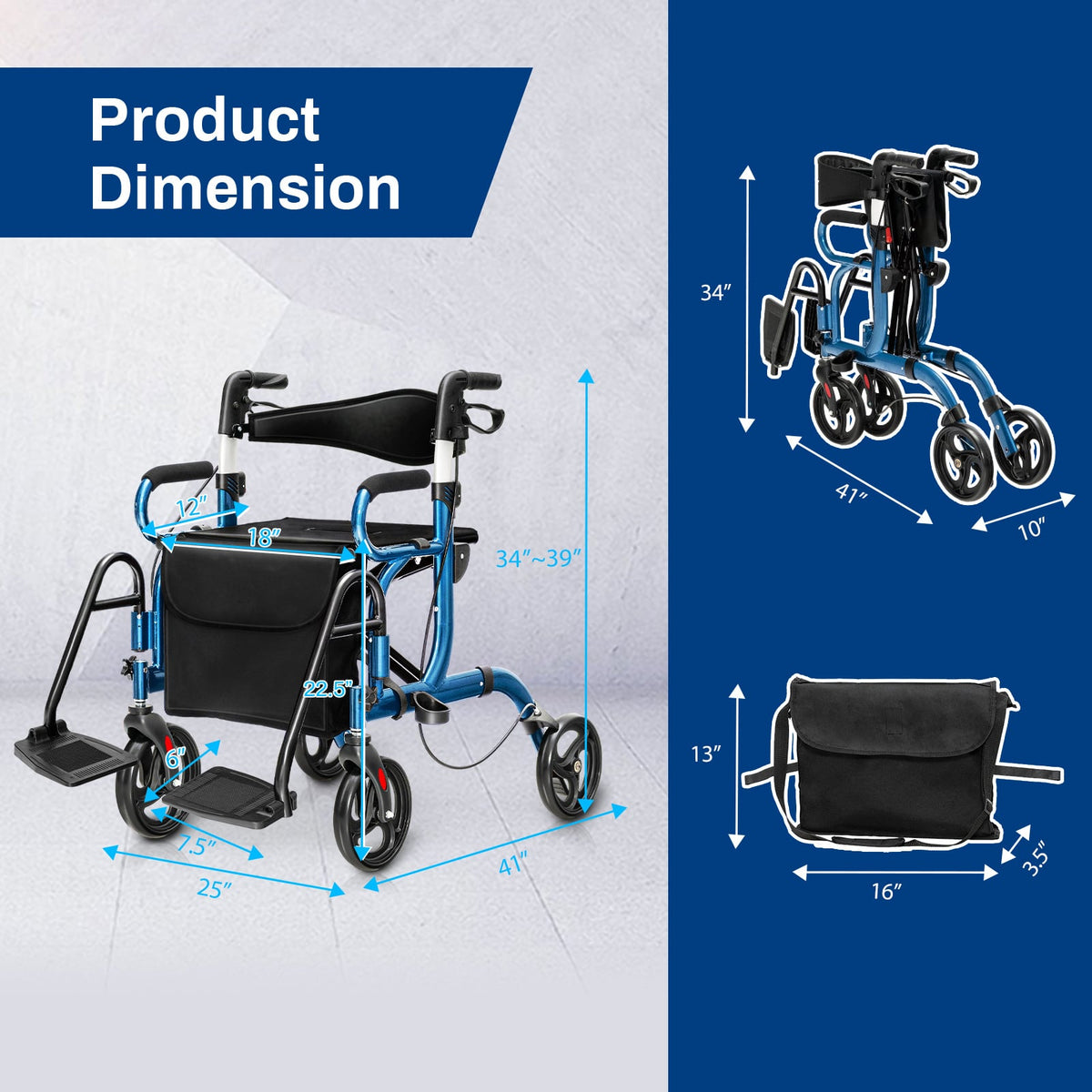 Folding Rollator Walker with 8-inch Wheels and Seat-Navy-Walkers & Rollators-DECOROLALA