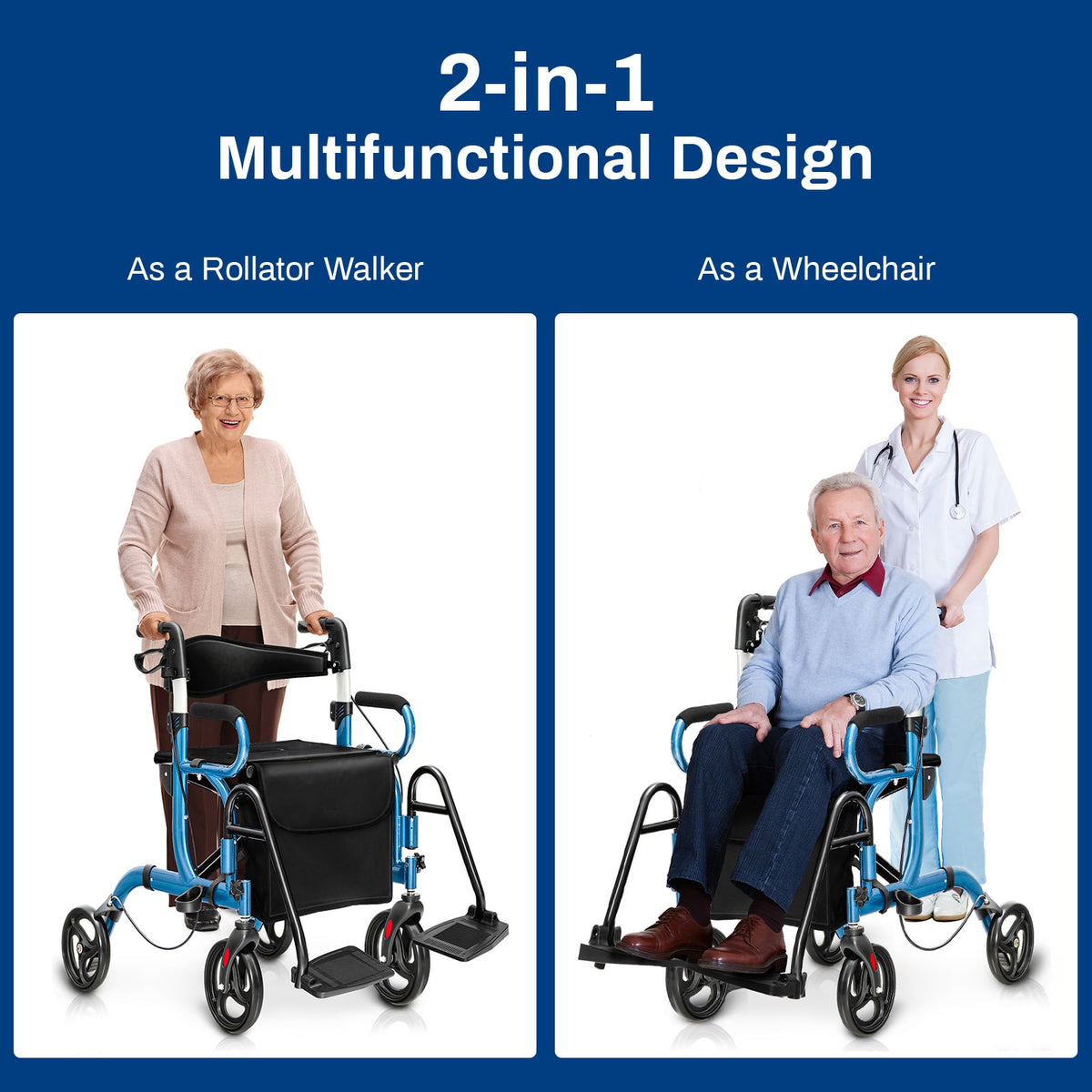 Folding Rollator Walker with 8-inch Wheels and Seat-Navy-Walkers & Rollators-DECOROLALA