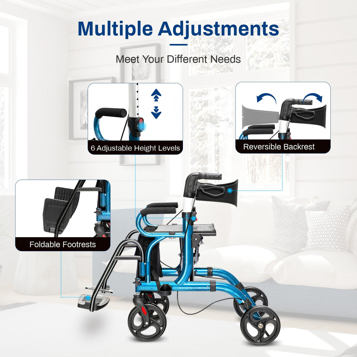 Folding Rollator Walker with 8-inch Wheels and Seat-Navy-Walkers & Rollators-DECOROLALA