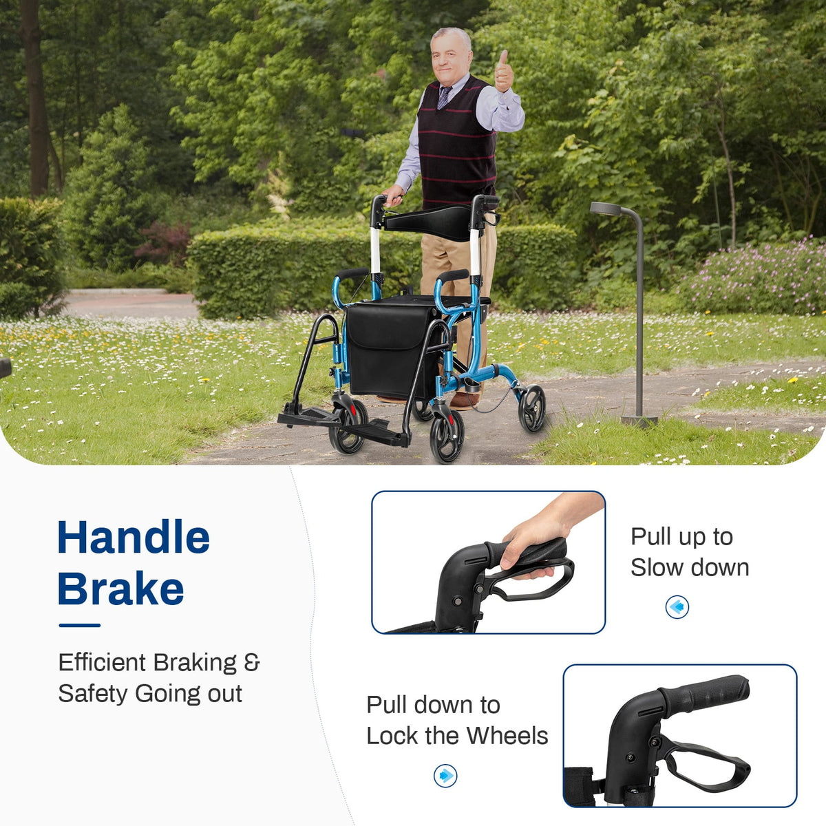 Folding Rollator Walker with 8-inch Wheels and Seat-Navy-Walkers & Rollators-DECOROLALA