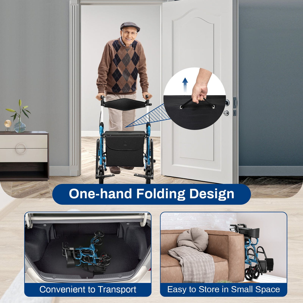 Folding Rollator Walker with 8-inch Wheels and Seat-Navy-Walkers & Rollators-DECOROLALA