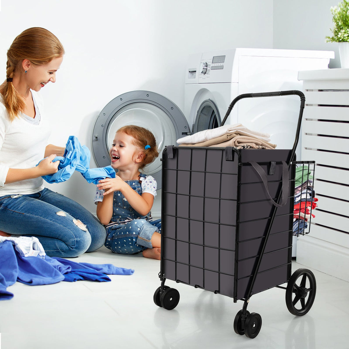 Folding Rolling Shopping Cart with Waterproof Liner and Basket-Black-Kitchen Tools-DECOROLALA