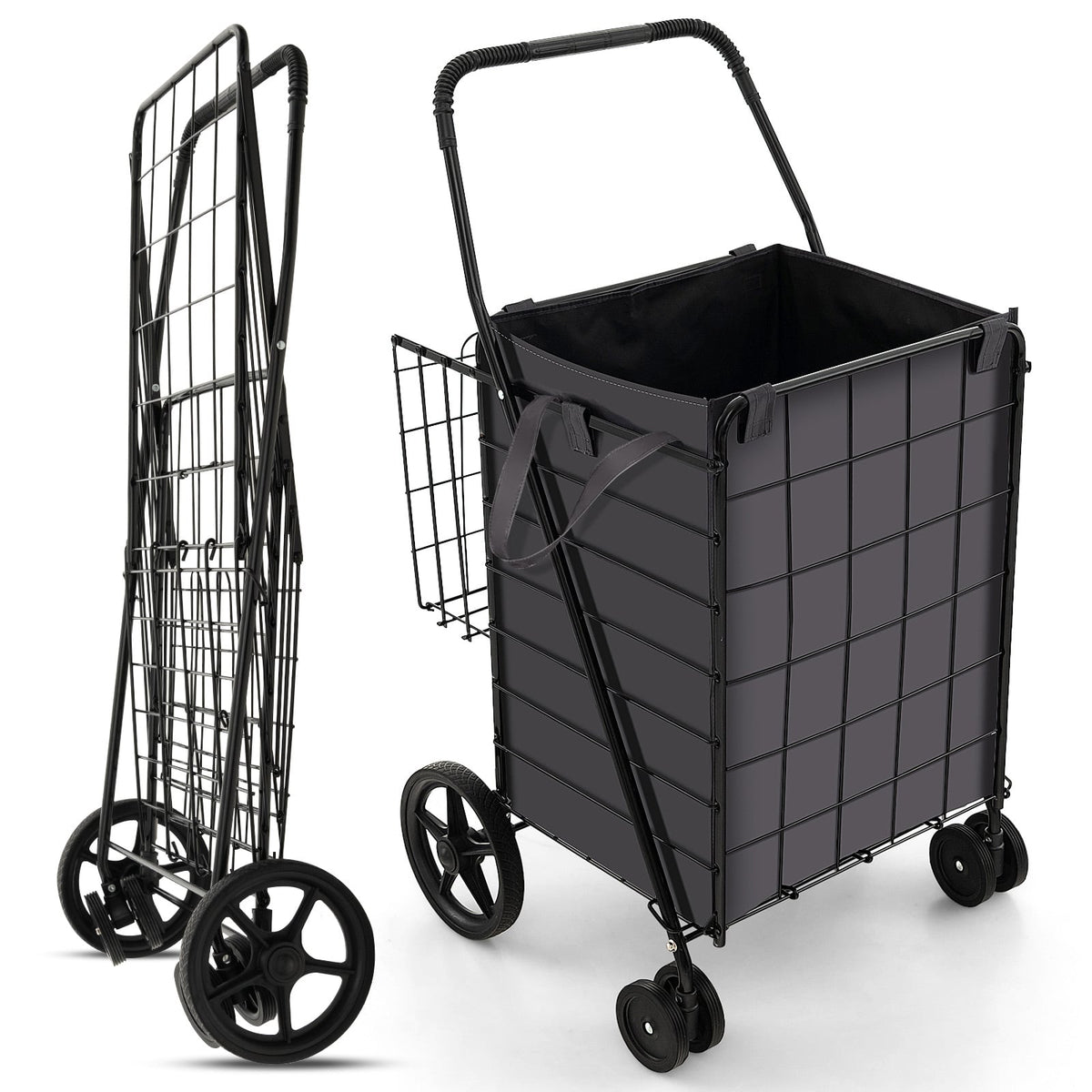 Folding Rolling Shopping Cart with Waterproof Liner and Basket-Black-Kitchen Tools-DECOROLALA