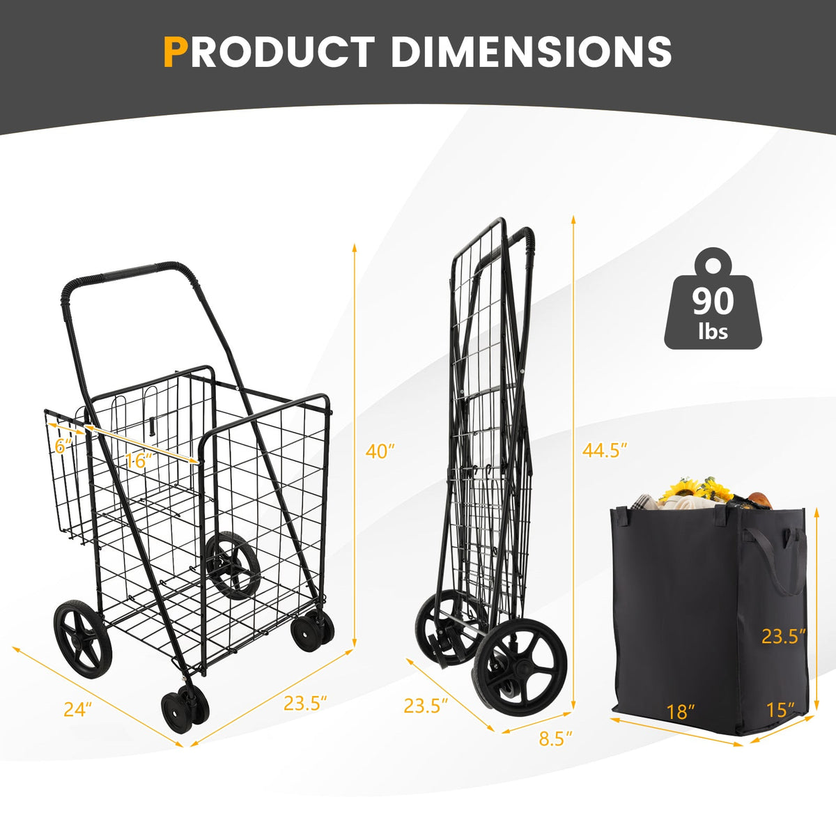 Folding Rolling Shopping Cart with Waterproof Liner and Basket-Black-Kitchen Tools-DECOROLALA
