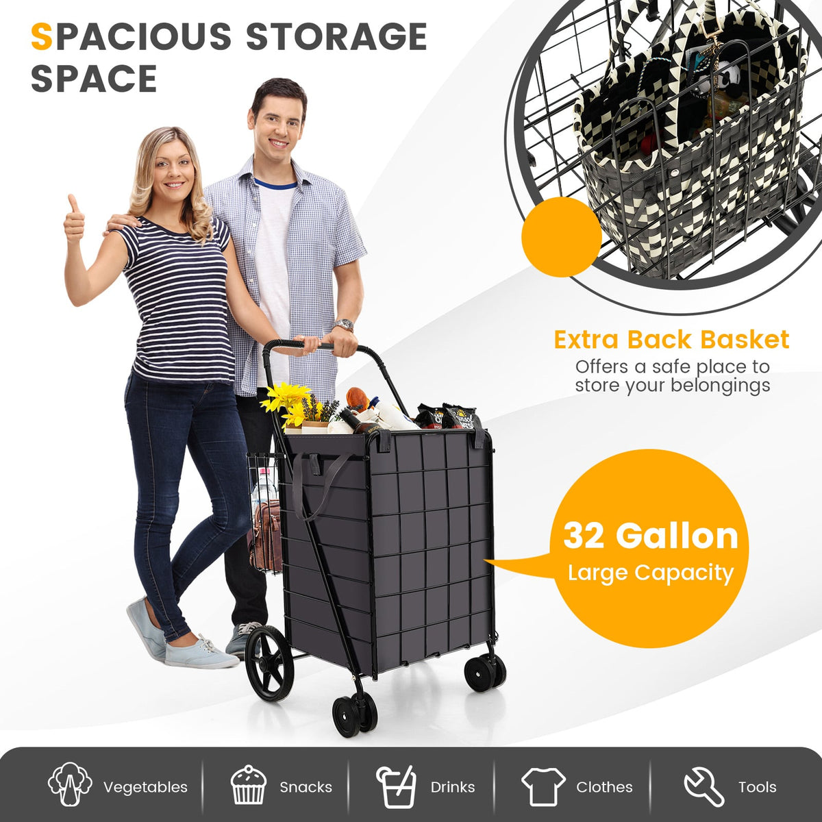 Folding Rolling Shopping Cart with Waterproof Liner and Basket-Black-Kitchen Tools-DECOROLALA