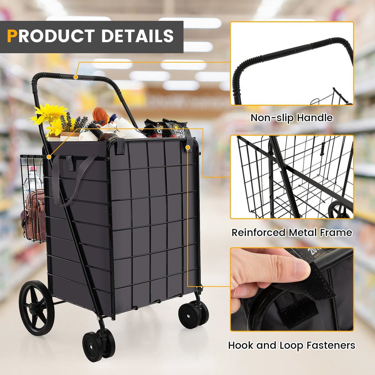 Folding Rolling Shopping Cart with Waterproof Liner and Basket-Black-Kitchen Tools-DECOROLALA