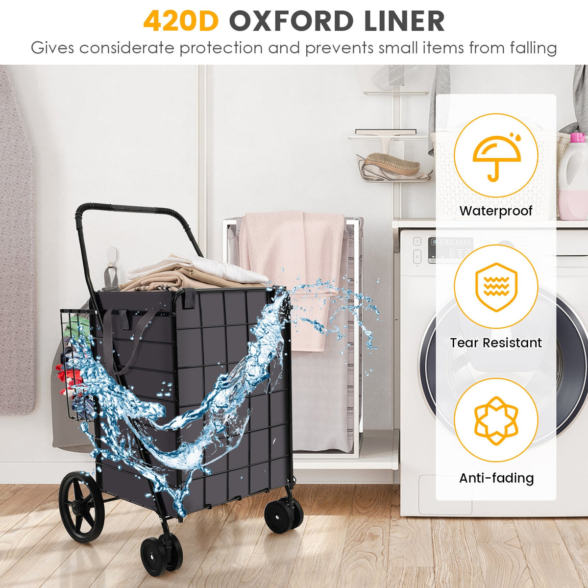 Folding Rolling Shopping Cart with Waterproof Liner and Basket-Black-Kitchen Tools-DECOROLALA