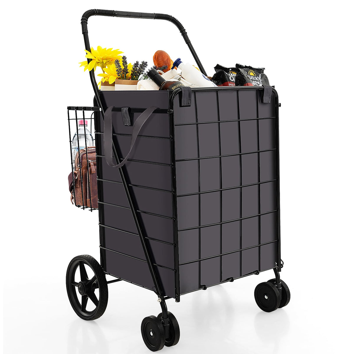Folding Rolling Shopping Cart with Waterproof Liner and Basket-Black-Kitchen Tools-DECOROLALA