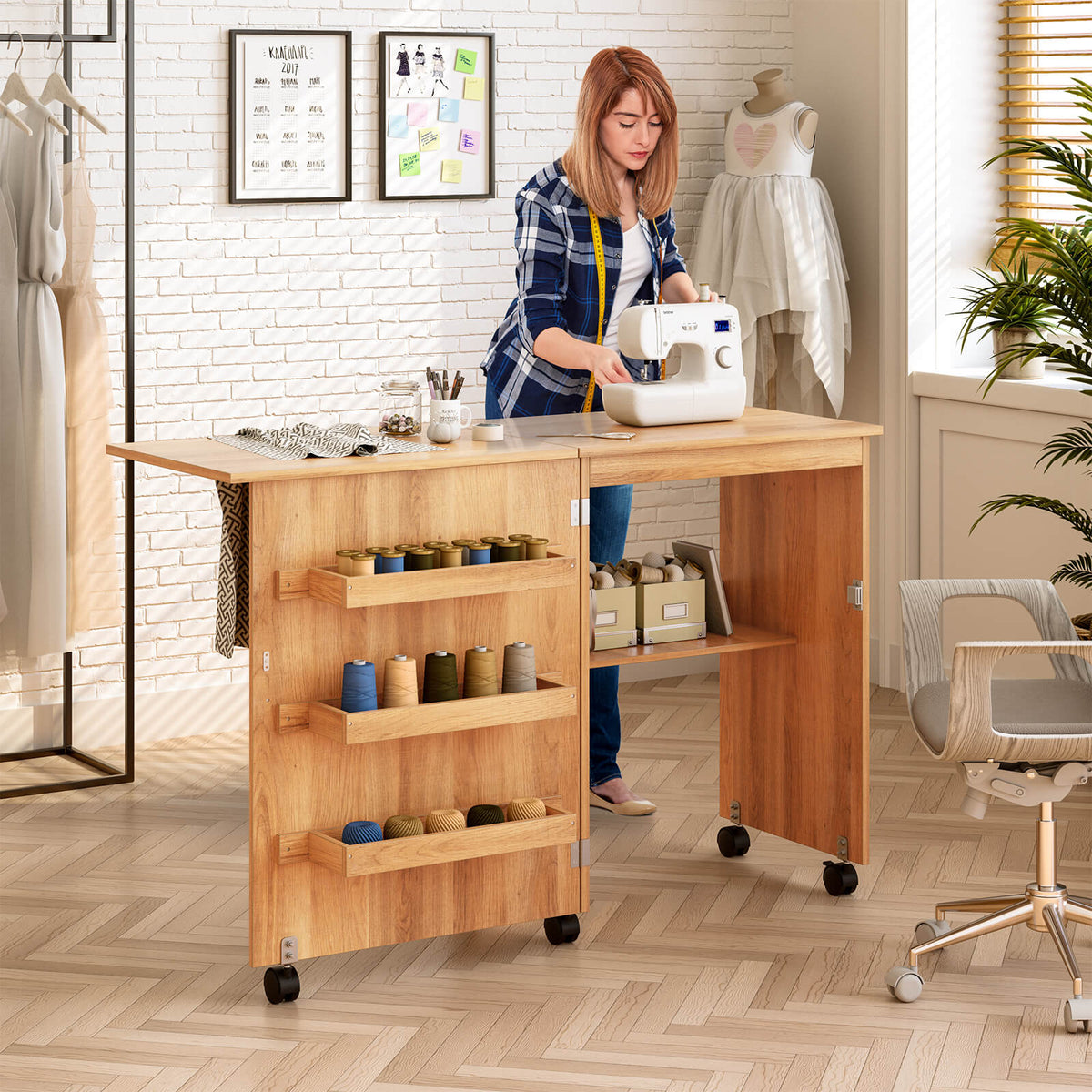 Folding Sewing Craft Table Shelf Storage Cabinet Home Furniture-Natural-Sewing Tables-DECOROLALA