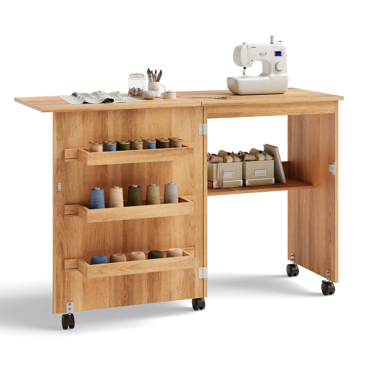Folding Sewing Craft Table Shelf Storage Cabinet Home Furniture-Natural-Sewing Tables-DECOROLALA