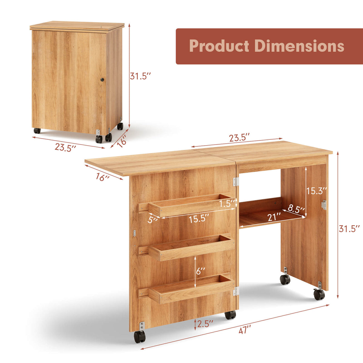 Folding Sewing Craft Table Shelf Storage Cabinet Home Furniture-Natural-Sewing Tables-DECOROLALA