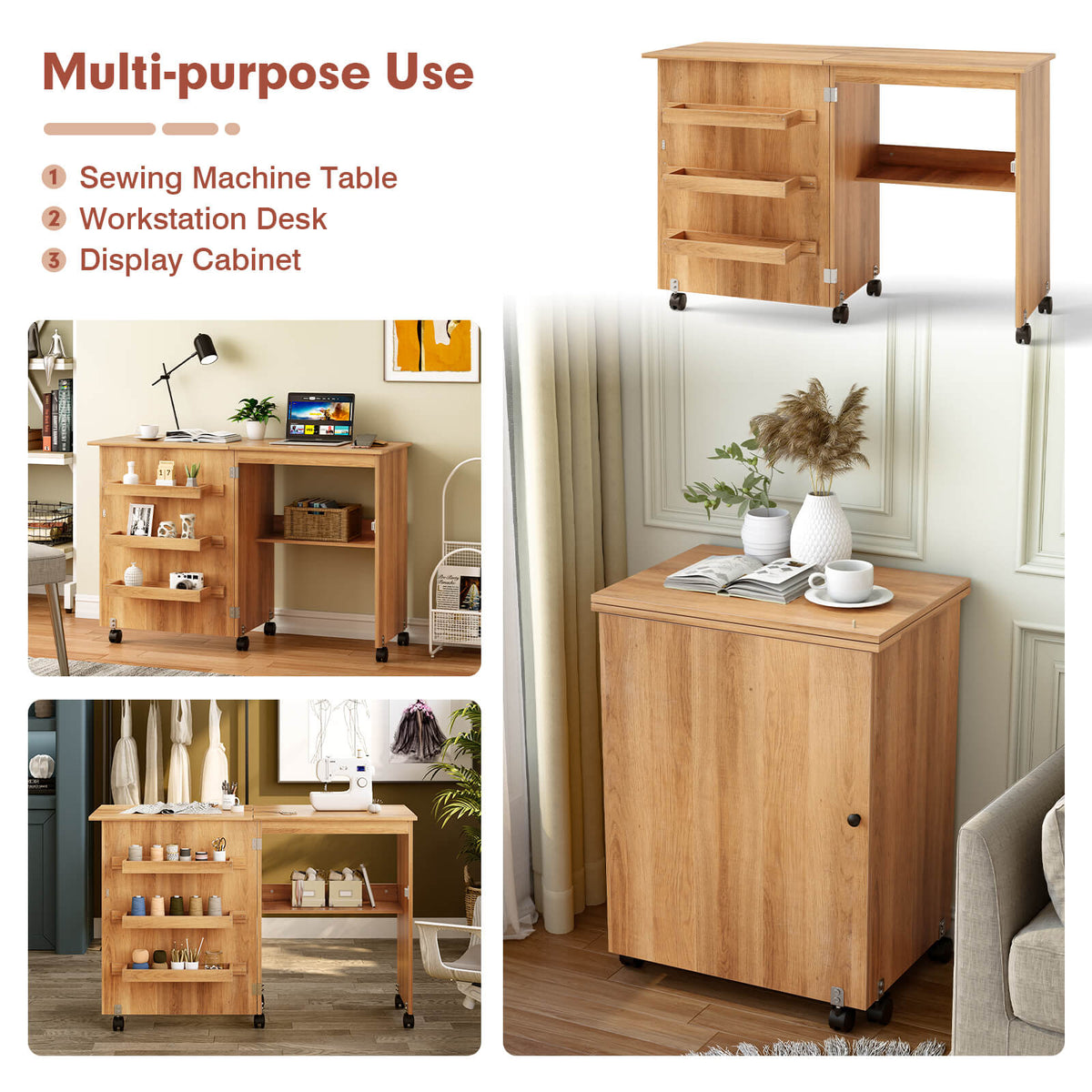 Folding Sewing Craft Table Shelf Storage Cabinet Home Furniture-Natural-Sewing Tables-DECOROLALA