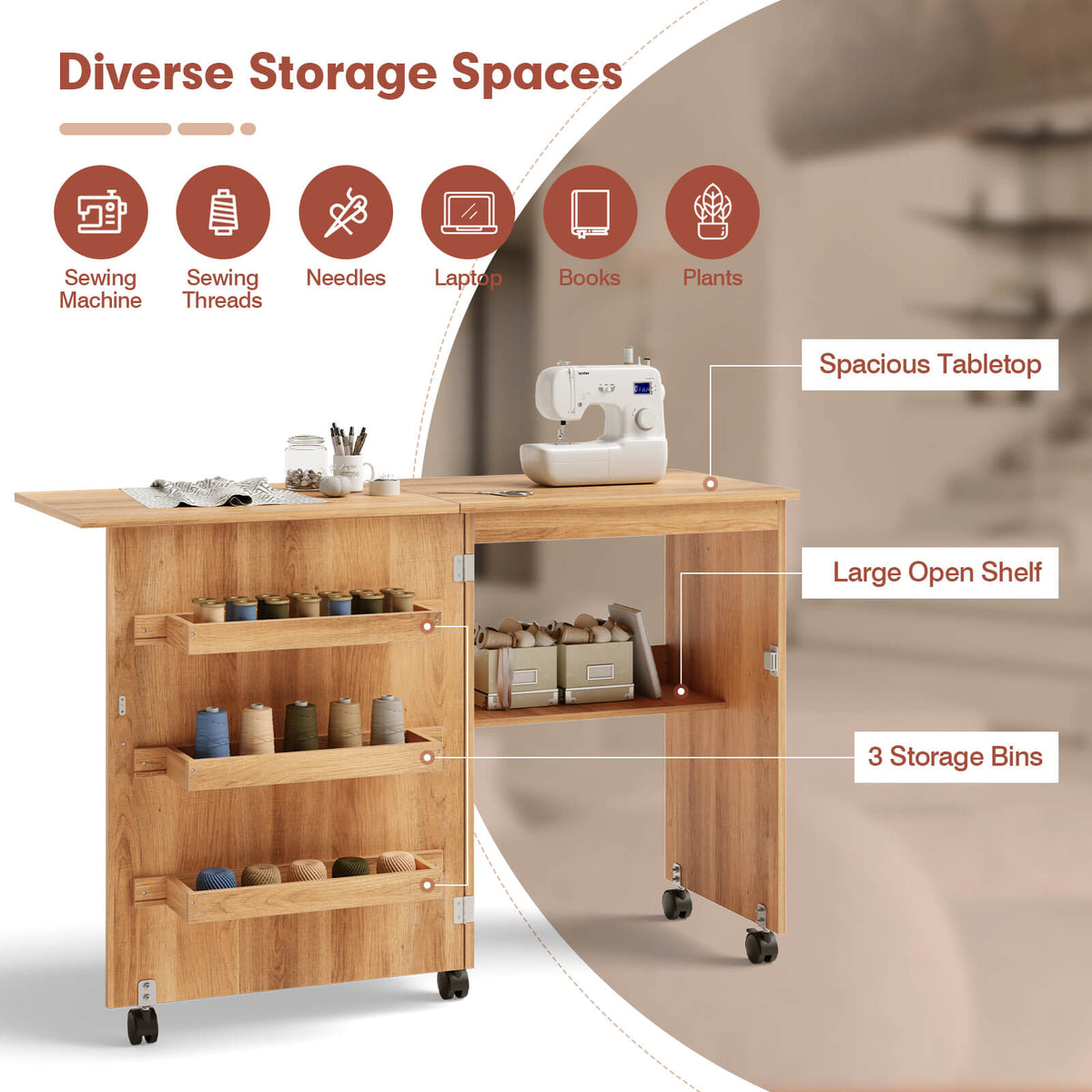 Folding Sewing Craft Table Shelf Storage Cabinet Home Furniture-Natural-Sewing Tables-DECOROLALA