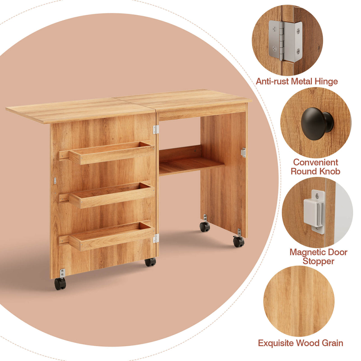 Folding Sewing Craft Table Shelf Storage Cabinet Home Furniture-Natural-Sewing Tables-DECOROLALA