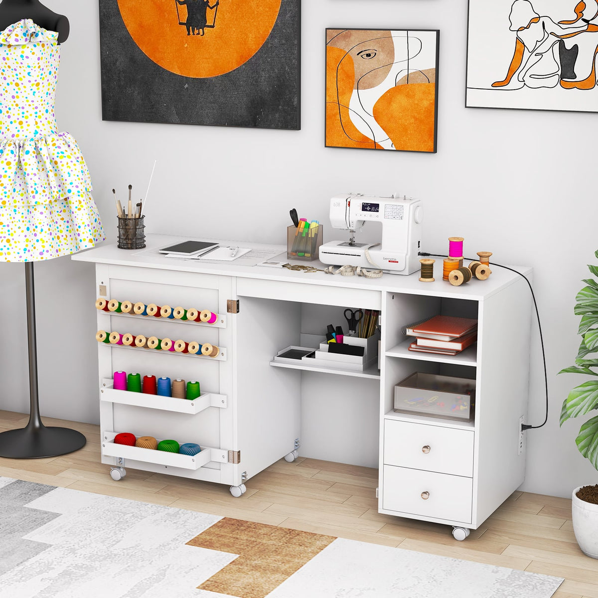 Folding Sewing Table with Charging Station and Storage Shelves-White-Sewing Tables-DECOROLALA