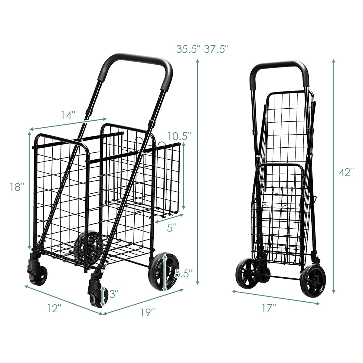 Folding Shopping Cart Basket Rolling Trolley with Adjustable Handle-Black-Kitchen Tools-DECOROLALA
