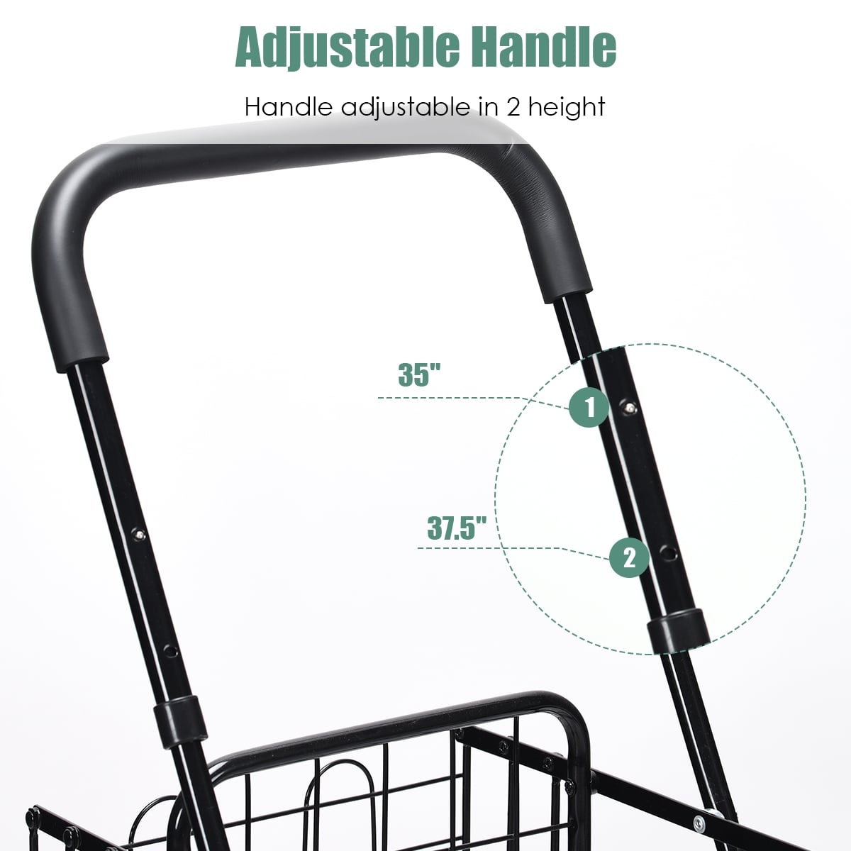 Folding Shopping Cart Basket Rolling Trolley with Adjustable Handle-Black-Kitchen Tools-DECOROLALA
