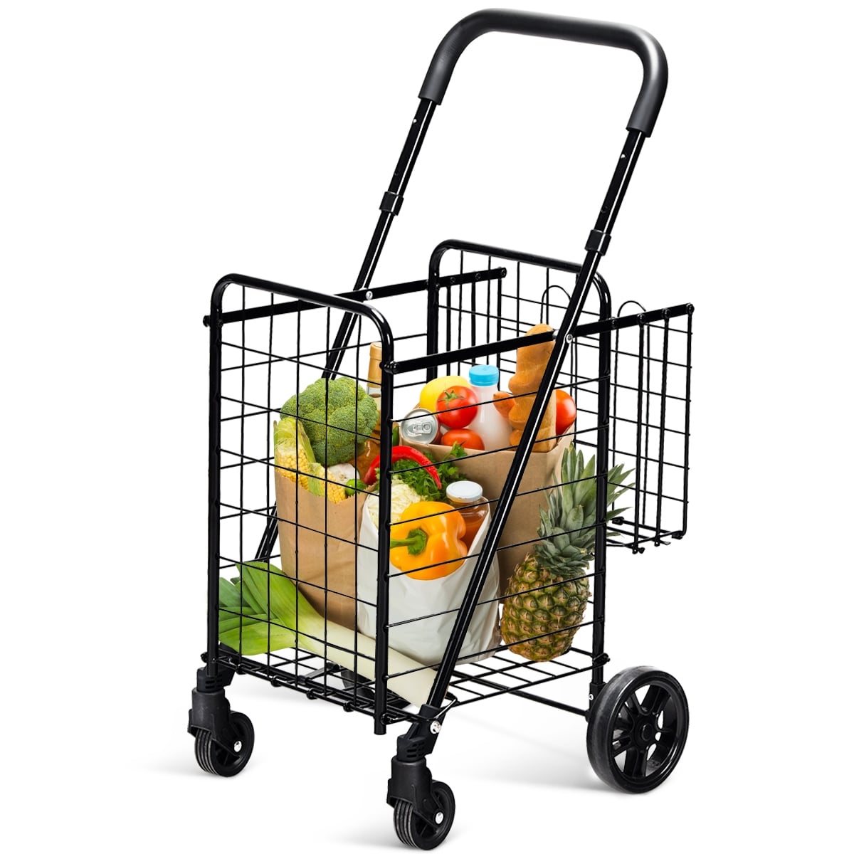Folding Shopping Cart Basket Rolling Trolley with Adjustable Handle-Black-Kitchen Tools-DECOROLALA