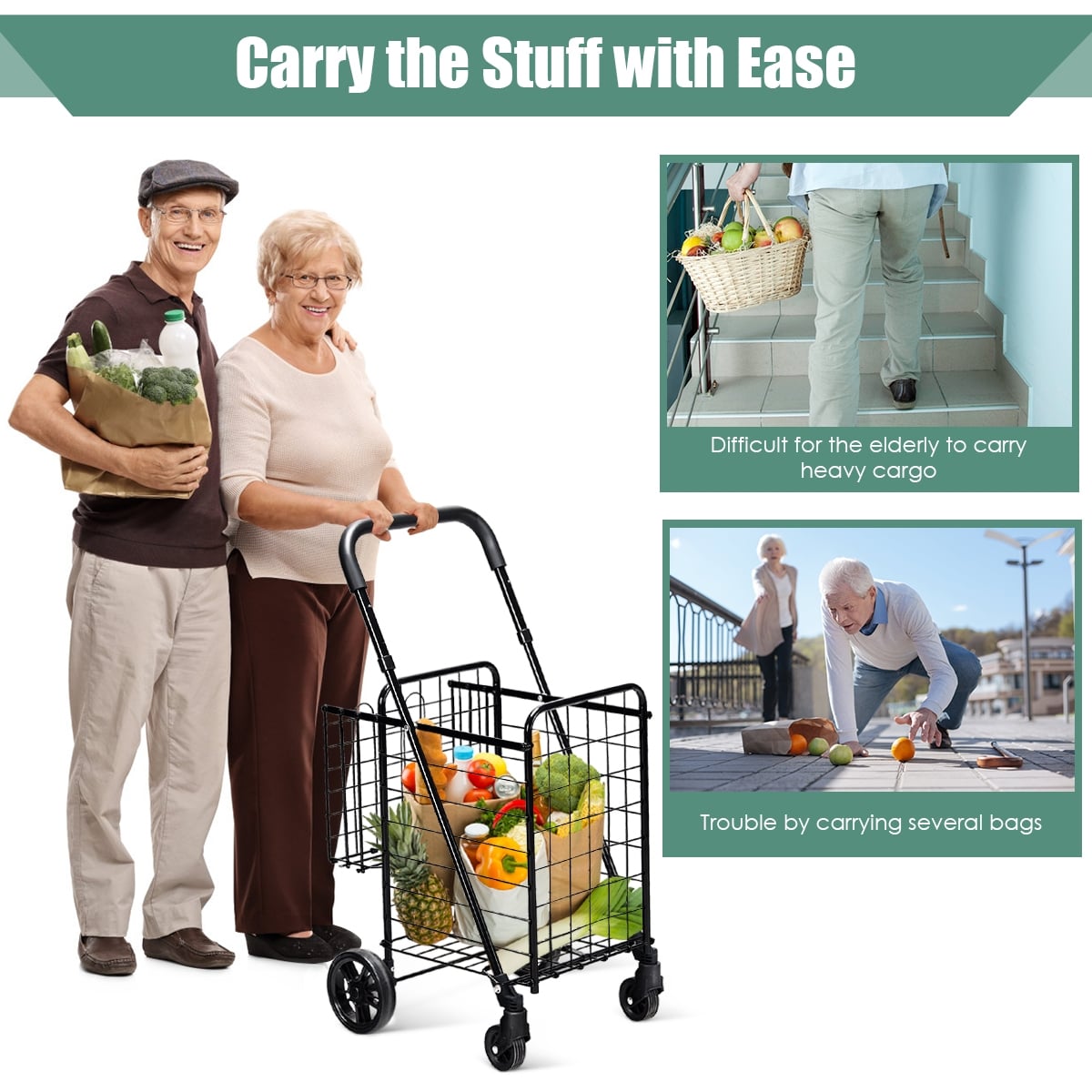 Folding Shopping Cart Basket Rolling Trolley with Adjustable Handle-Black-Kitchen Tools-DECOROLALA