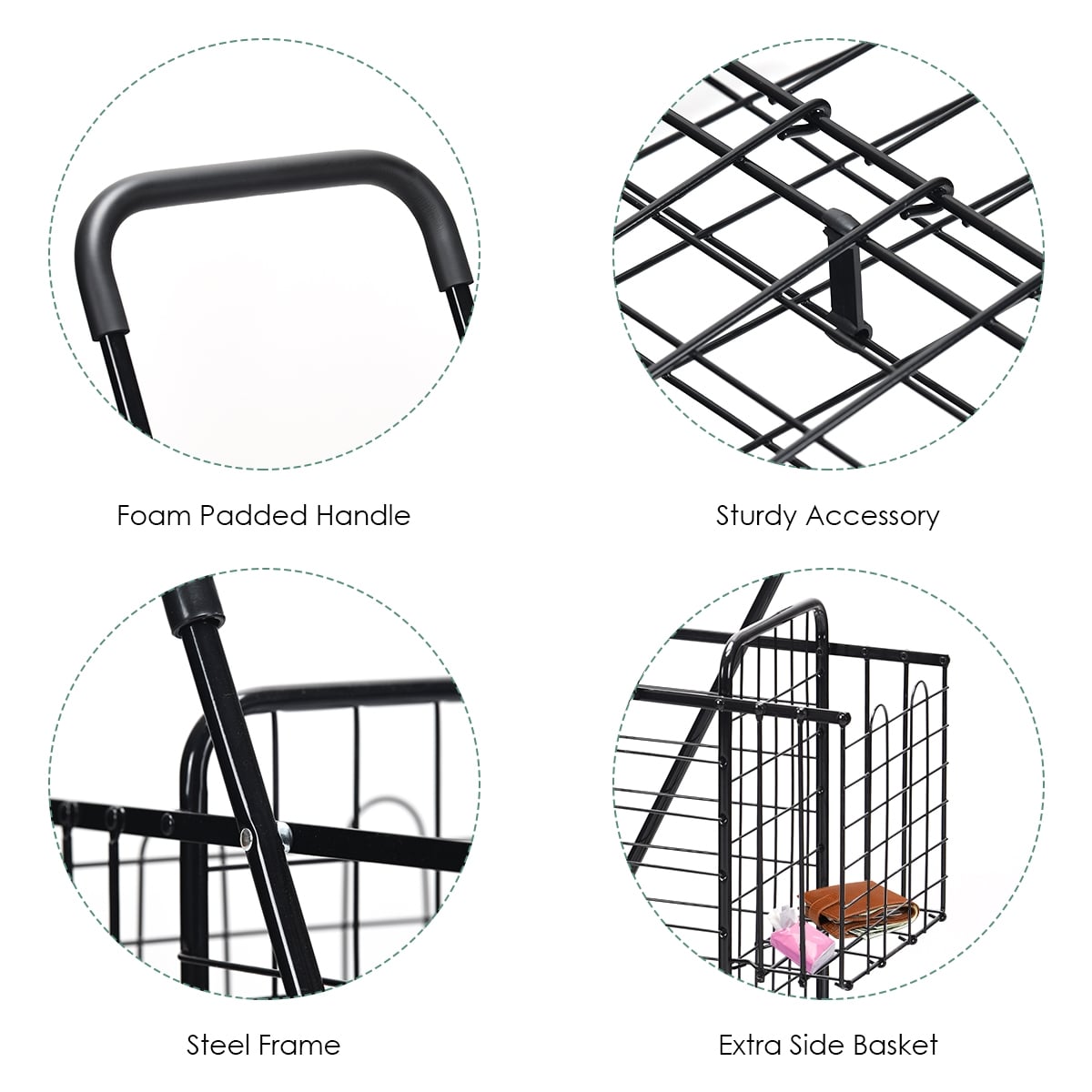 Folding Shopping Cart Basket Rolling Trolley with Adjustable Handle-Black-Kitchen Tools-DECOROLALA
