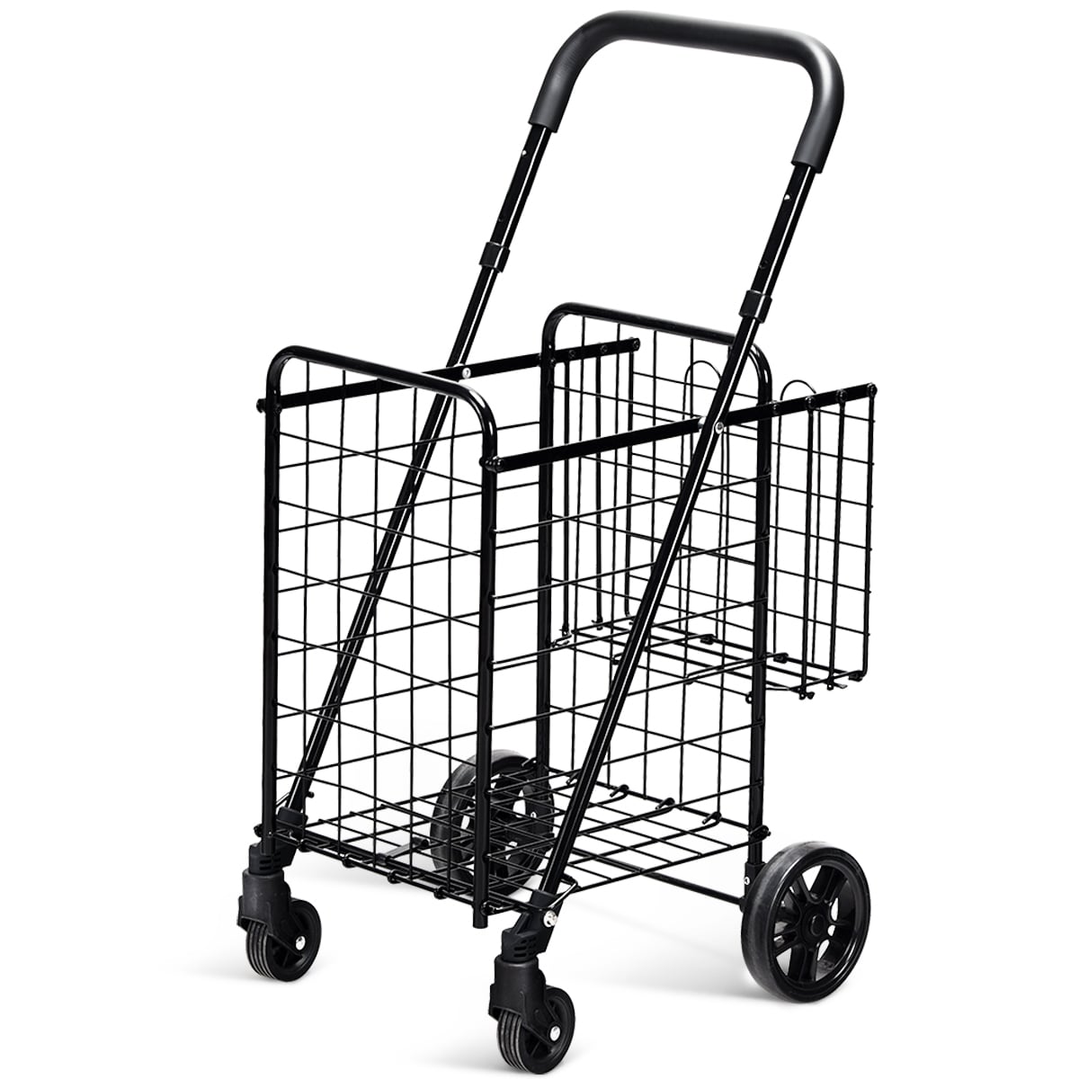 Folding Shopping Cart Basket Rolling Trolley with Adjustable Handle-Black-Kitchen Tools-DECOROLALA