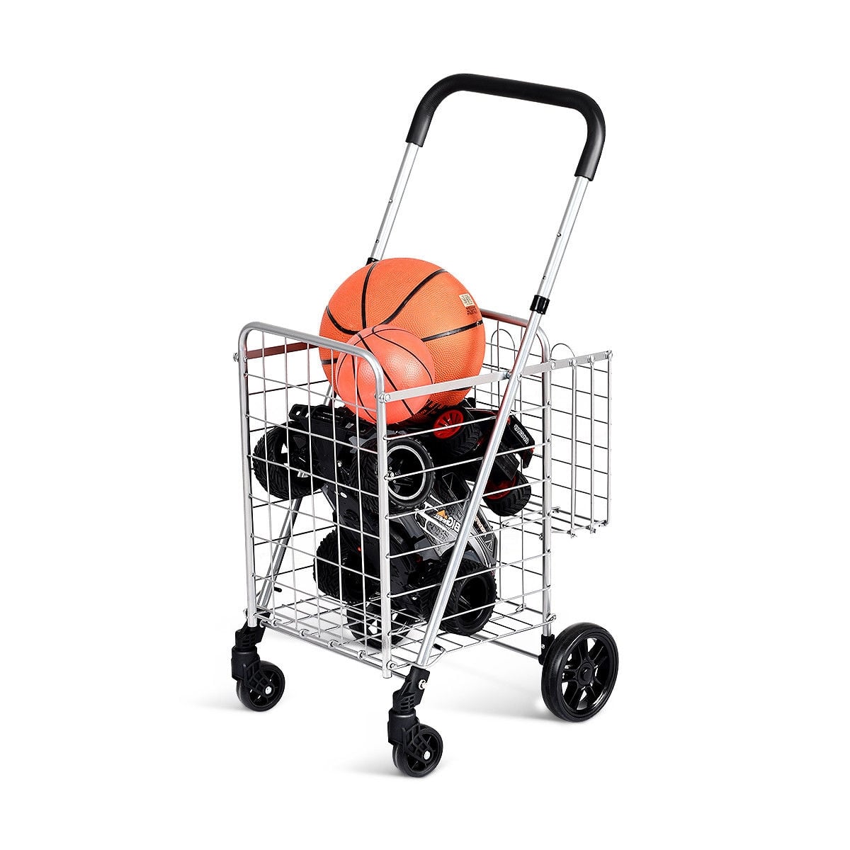Folding Shopping Cart Basket Rolling Trolley with Adjustable Handle-Silver-Kitchen Tools-DECOROLALA